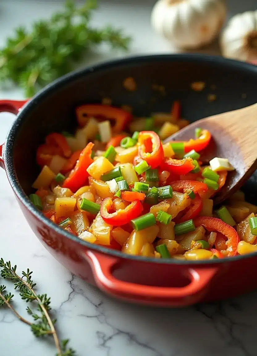 Sautéing onions, bell peppers, scallions, and ginger for Jamaican Peppered Steak.