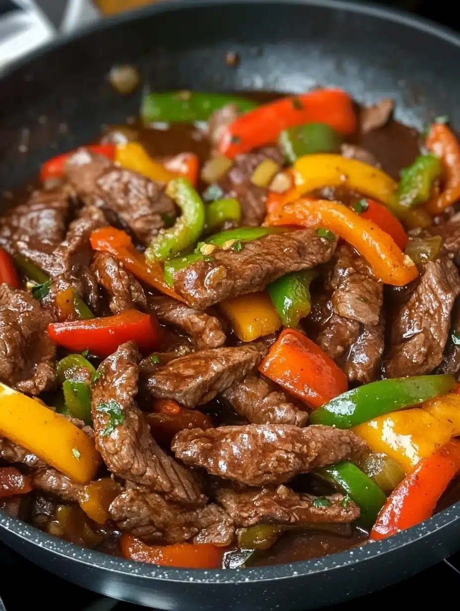 Combining seared steak and sautéed veggies with beef stock and cornstarch for Jamaican Peppered Steak