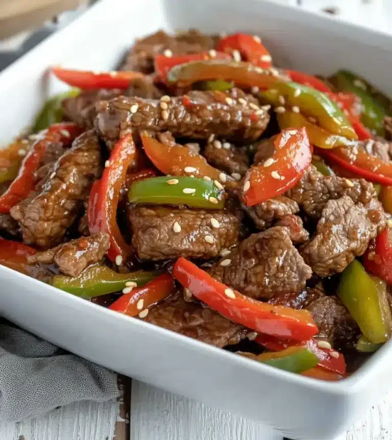 Beautifully plated Jamaican Peppered Steak ready to serve.