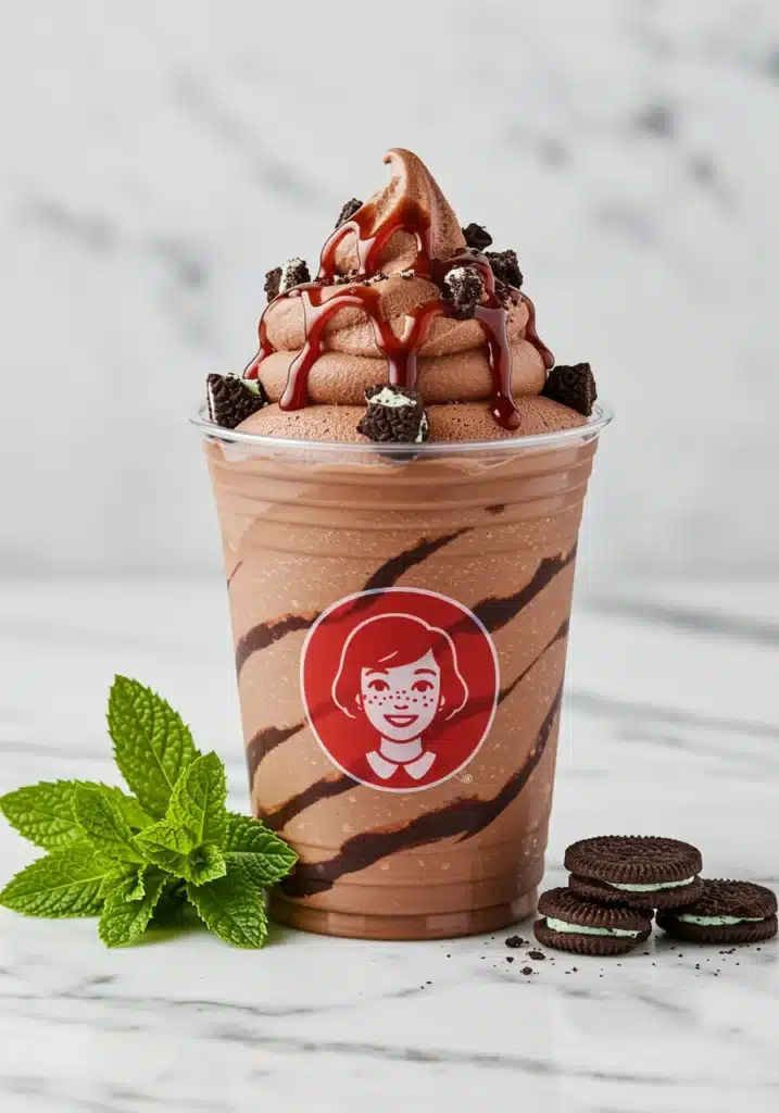 a clear plastic cup of a Chocolate mint frosty dessert swirled with chocolate sauce, topped with crushed mint cookies and garnished with fresh mint leaves.