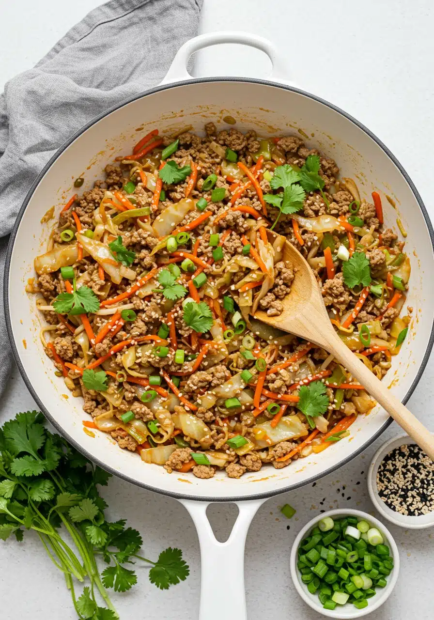 A Delicous filled with egg roll in a bowl mixture alongside fluffy cauliflower rice, garnished with fresh cilantro, sesame seeds, and chopped green onions.