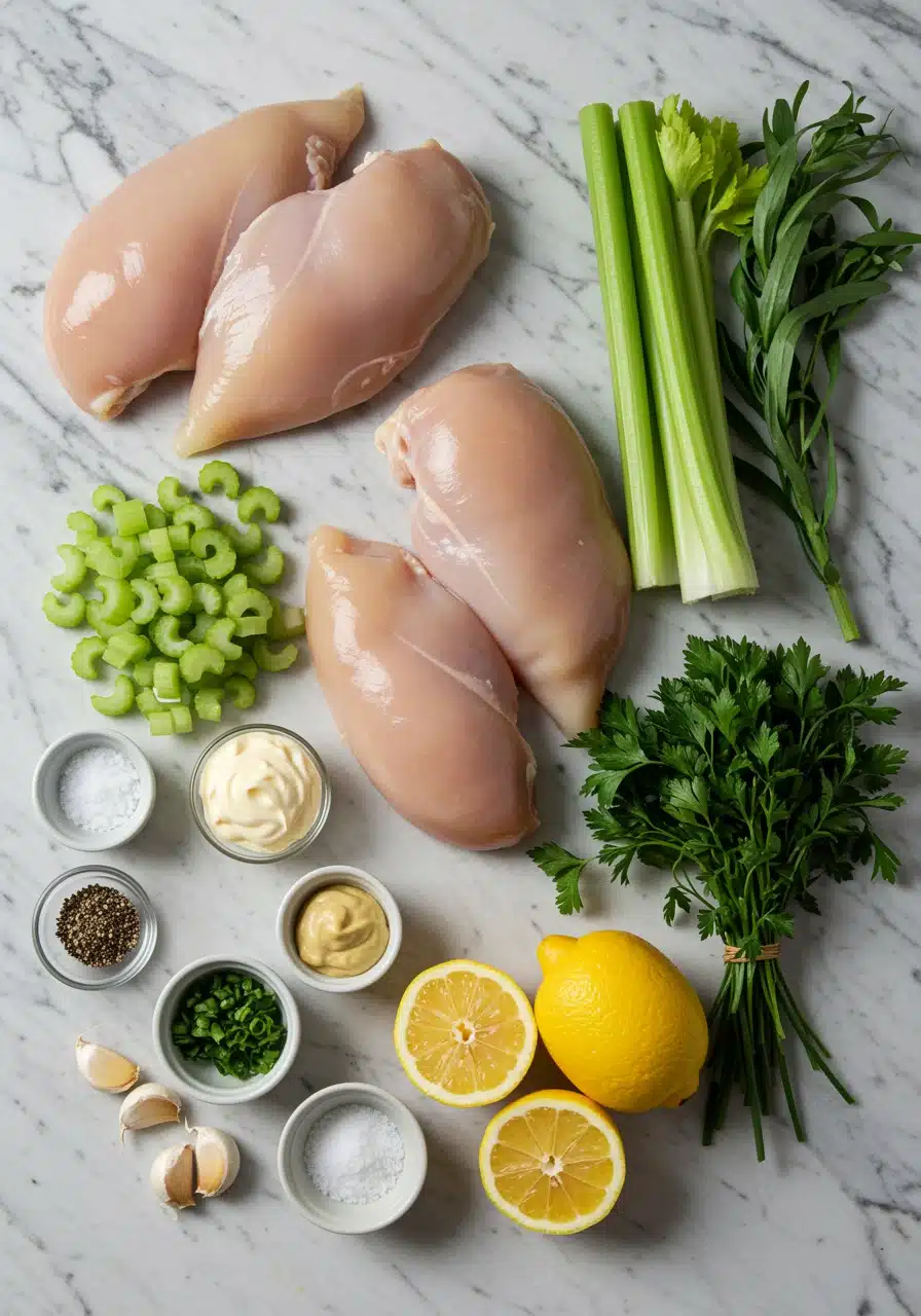 Fresh ingredients for classic chicken salad sandwich on white marble counter: chicken breast, celery, red onion, mayo, Dijon mustard, herbs, lemons, and spices.