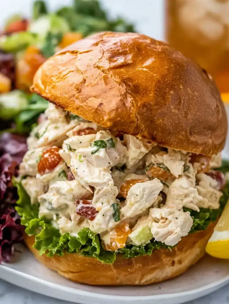 Chicken salad sandwich on a glossy brioche bun with fresh lettuce, diced vegetables, and a creamy dressing.