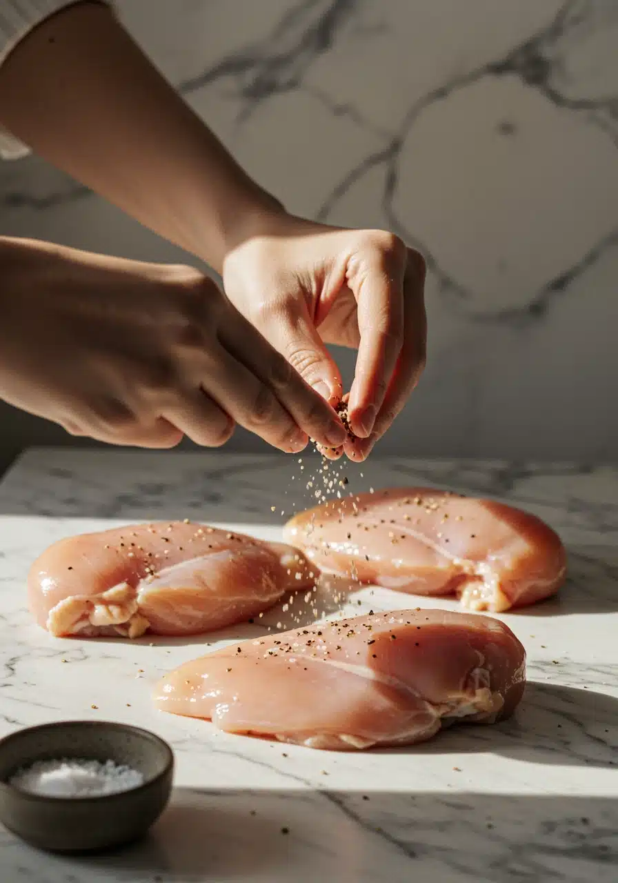 Seasoning chicken breast with salt and pepper on a white marble countertop