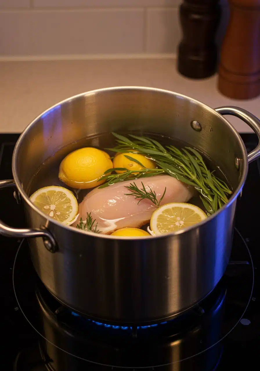 Chicken boiling in a pot with lemons and tarragon sprigs.