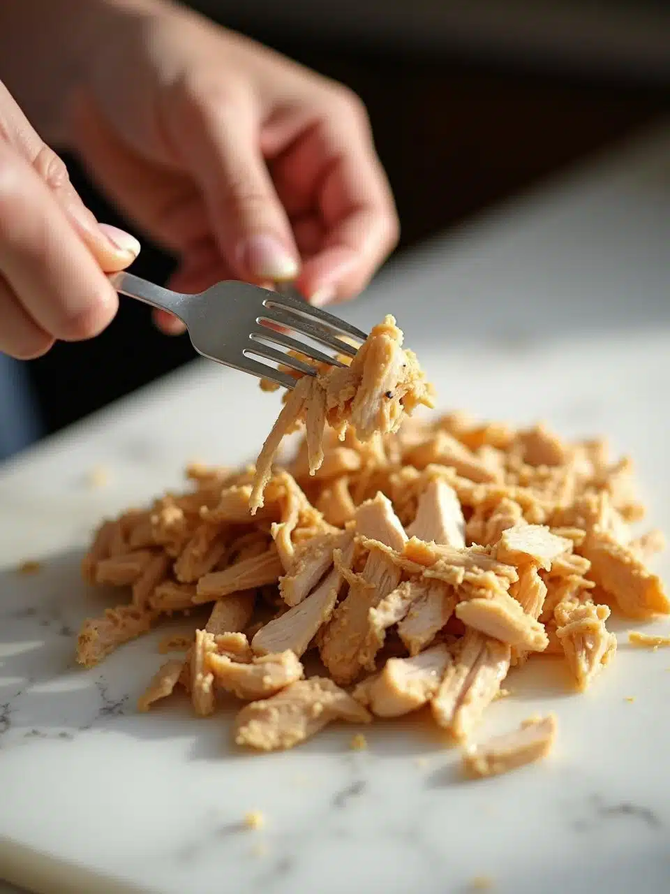 Shredding cooked chicken breast with two forks.