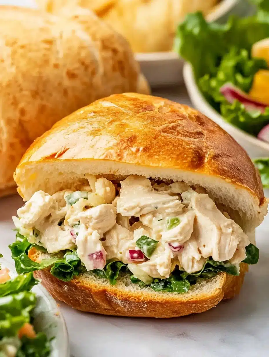 Classic chicken salad sandwich with a golden brioche bun, fresh lettuce, and creamy chicken filling with red onions and green bell peppers.