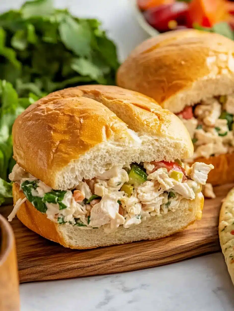 Freshly made chicken salad sandwich on a soft roll with diced cucumbers, tomatoes, and shredded chicken.