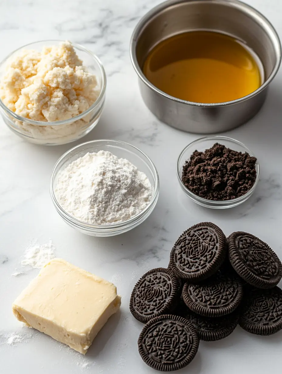 Oreo-Stuffed Fried Donut Ingredients on Marble Counter – Realistic Kitchen Scene Realistic ingredients for Oreo-stuffed fried donuts on a white marble kitchen counter with warm natural lighting.