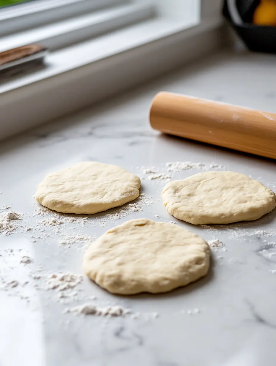 Flattening Dough for Cheesecake Bombs Flattening biscuit dough rounds on a floured white marble kitchen counter.