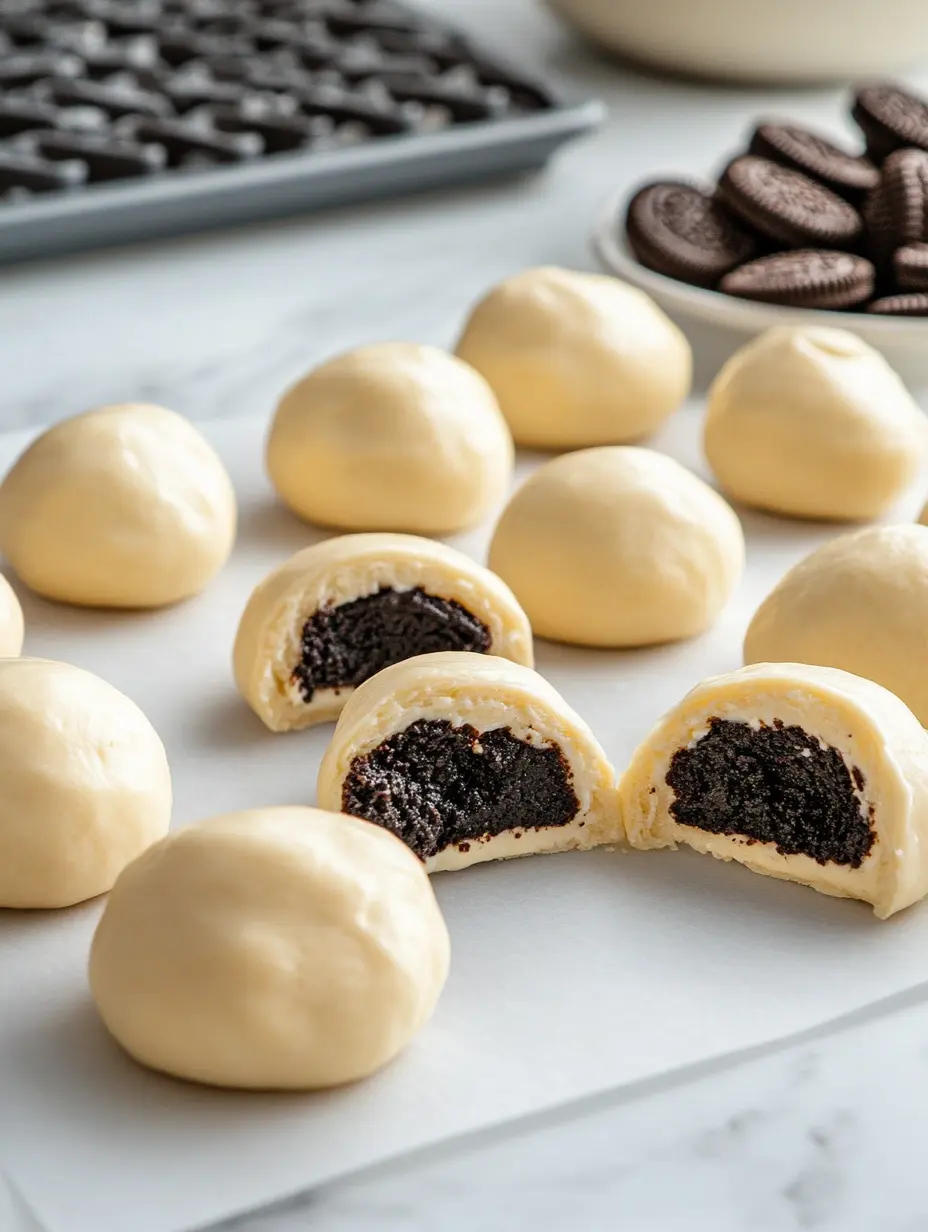 Filling and Sealing Cheesecake Donut Bombs Scooping Oreo cheesecake filling onto dough, folding and sealing into round donut balls.