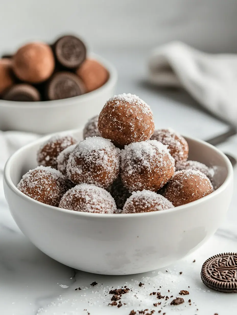 Coating Oreo Donut Bombs Rolling freshly fried donut bombs in sugar and crushed Oreos.