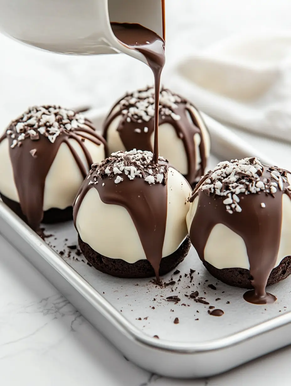 Chocolate Drizzle on Donut Bombs Drizzling melted chocolate over Oreo cheesecake donut bombs.