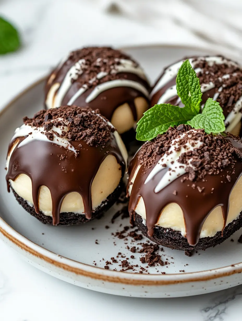 Gourmet Oreo Cheesecake Donut Bombs Presentation Oreo cheesecake donut bombs elegantly plated, topped with chocolate drizzle and fresh mint leaves.