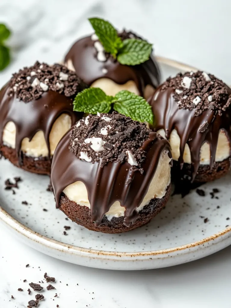 Plated Oreo cheesecake donut bombs drizzled with chocolate and garnished with mint.
