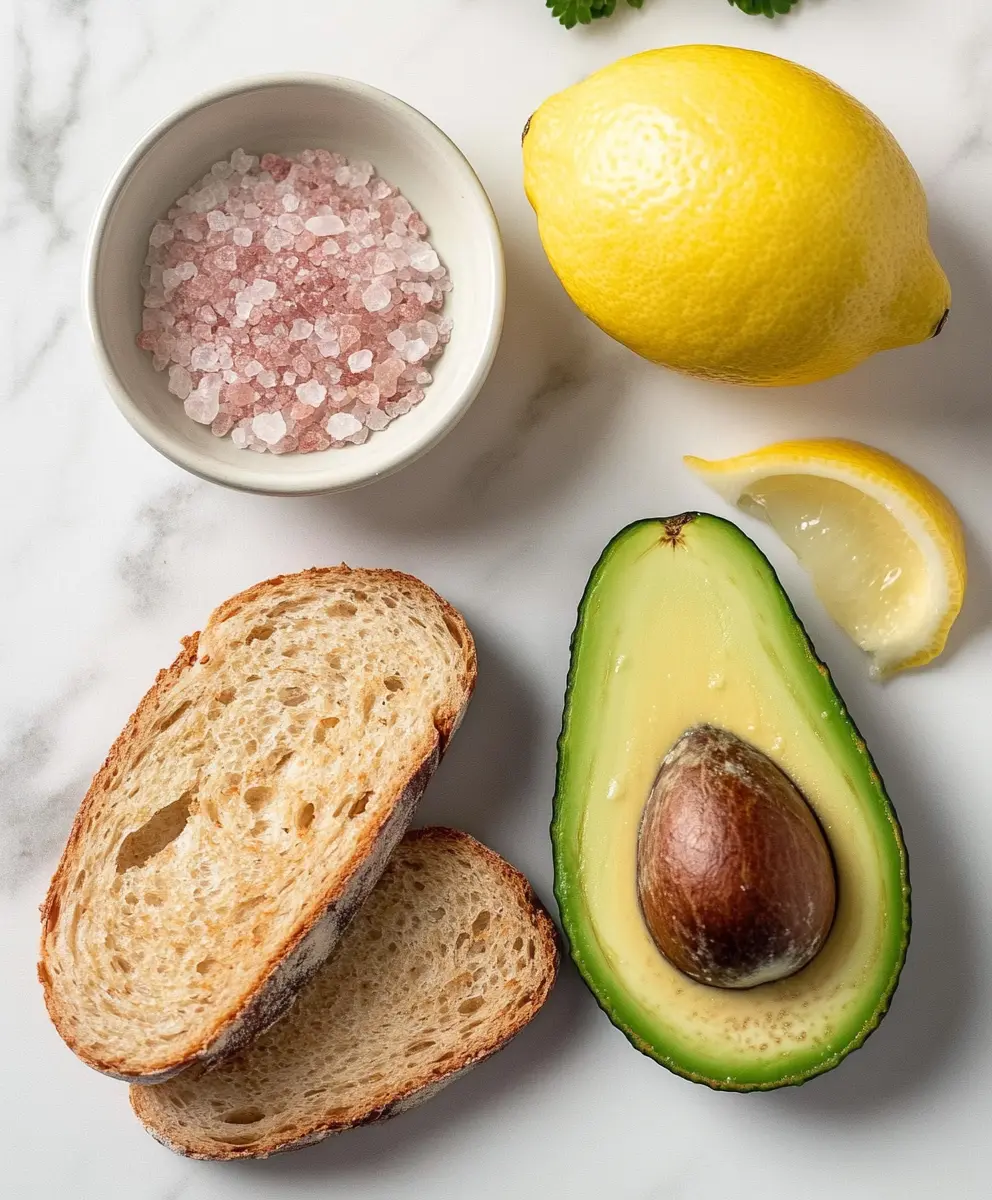 Avocado Toast Ingredients with Pink Salt and Lemon Zest on Marble Counter Fresh avocado, toasted sourdough bread, pink salt, and lemon zest on a white marble kitchen counter.