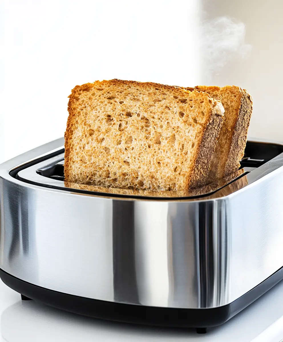 Perfectly Toasted Bread for Avocado Toast Base Golden brown toasted bread popping from a toaster on a marble kitchen counter.