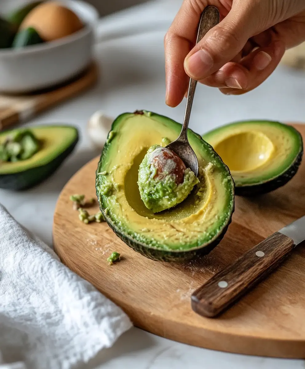 Prepping Avocado: Cutting and Scooping Hand removing avocado pit with a spoon on a white marble kitchen surface.