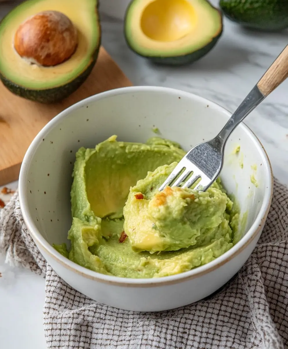 Mashing the Avocado to Creamy or Chunky Perfection Mashed avocado in a ceramic bowl with a fork on a marble counter.