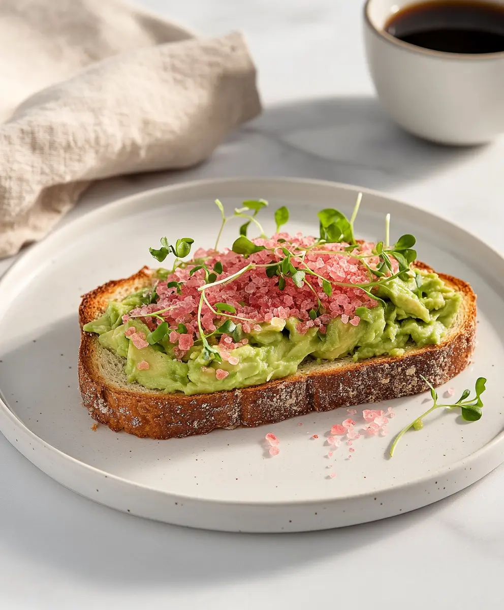 Final Pink Salt Avocado Toast Presentation Avocado toast garnished with pink salt and microgreens on a marble countertop.