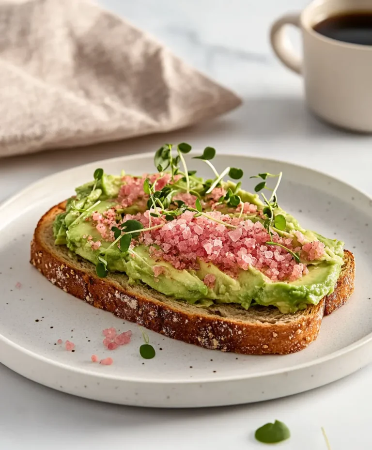 delicious Avocado toast garnished with pink salt and microgreens