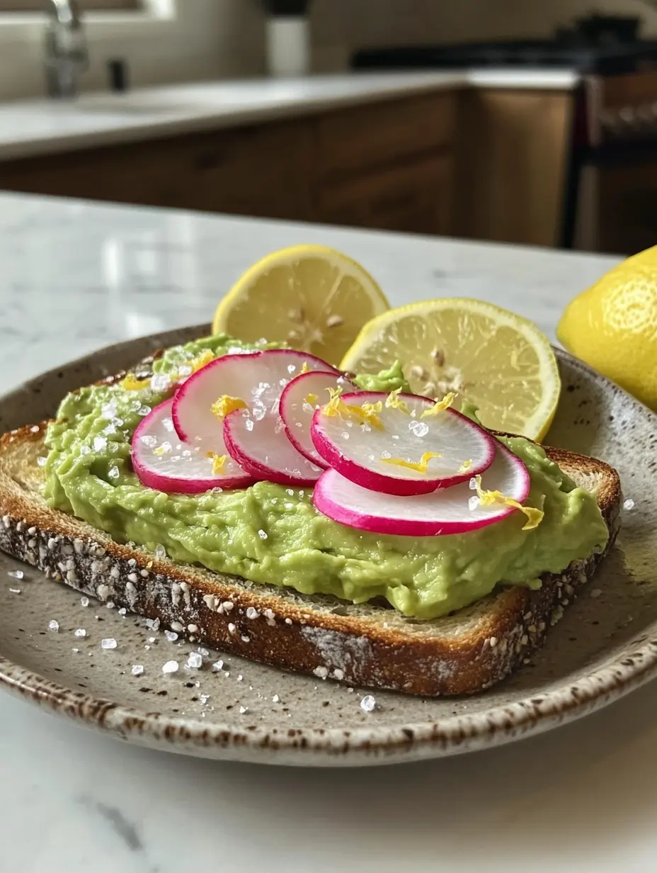 Avocado Toast with a Pink Salt Finish Avocado toast with radishes, lemon zest, and pink Himalayan salt on rustic bread.