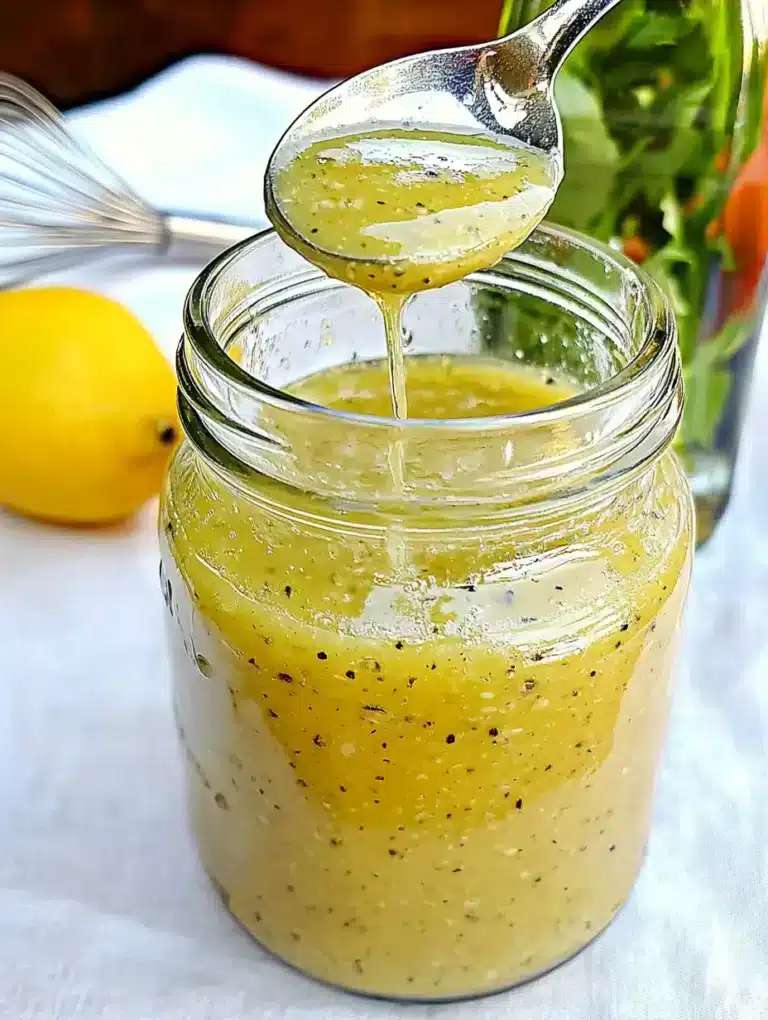 Thick lemon vinaigrette with black pepper dripping from spoon into jar