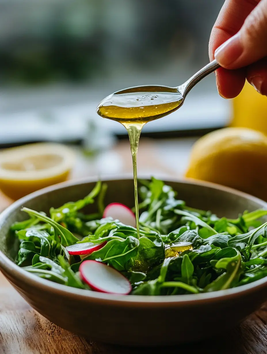 Drizzling lemon vinaigrette on arugula and radish salad Lemon vinaigrette being drizzled over arugula salad with radishes