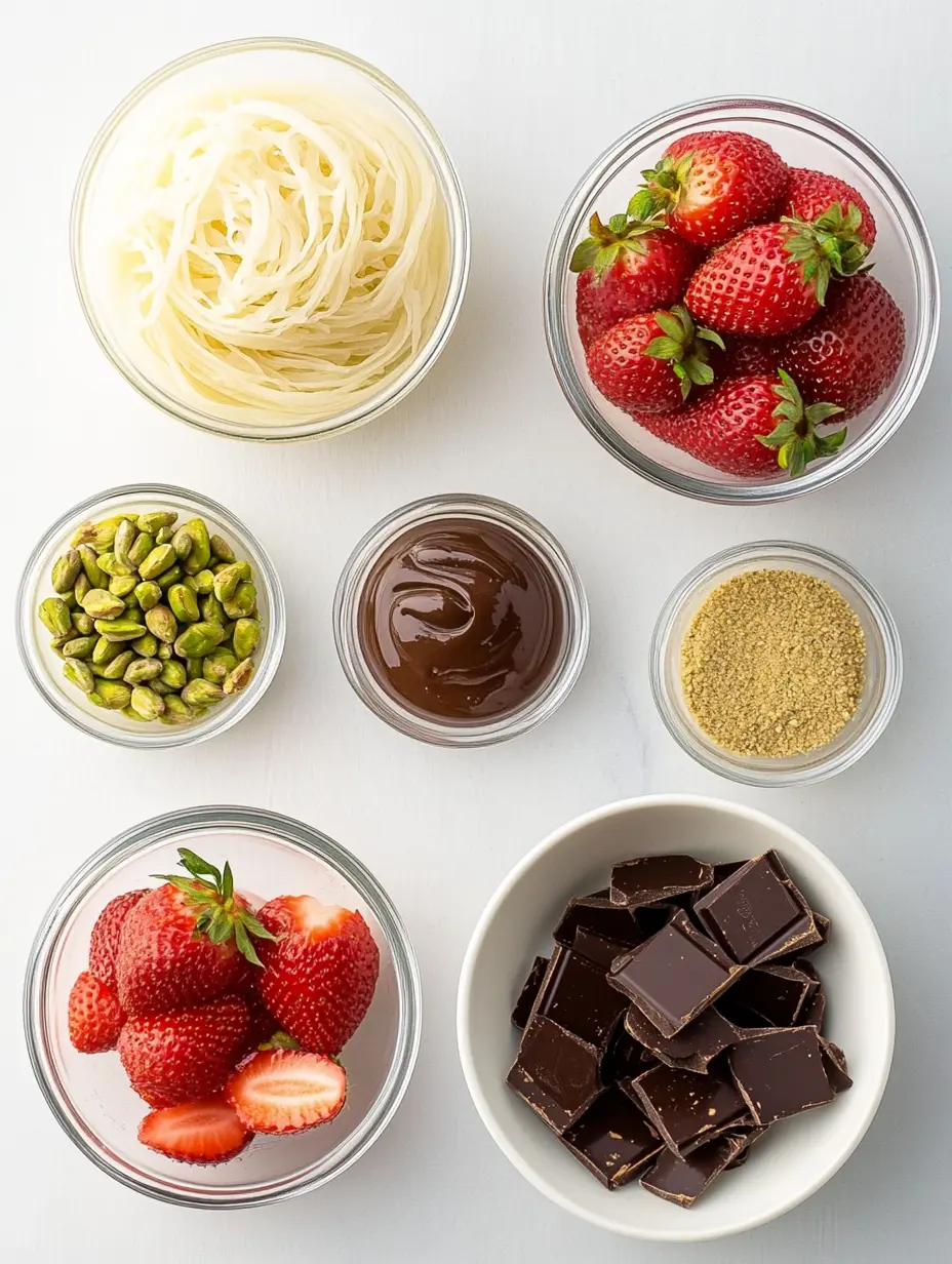 Fresh Ingredients for Strawberry Pistachio Kataifi Cups Flat-lay of fresh strawberries, chocolate, pistachios, kataifi dough, and pistachio cream