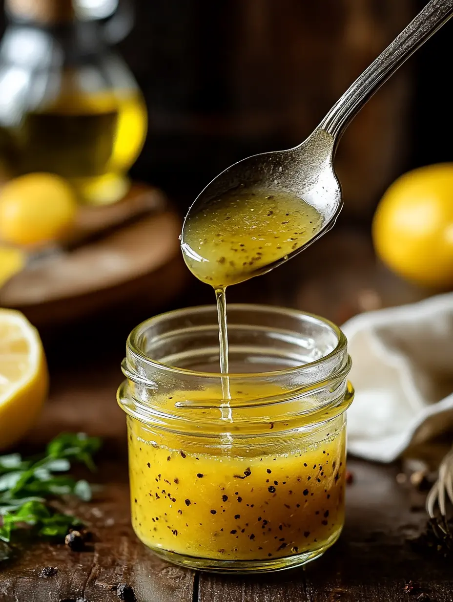 Fresh lemon vinaigrette in glass jar with spoon Homemade lemon vinaigrette dripping from a spoon into a glass jar on a rustic kitchen table