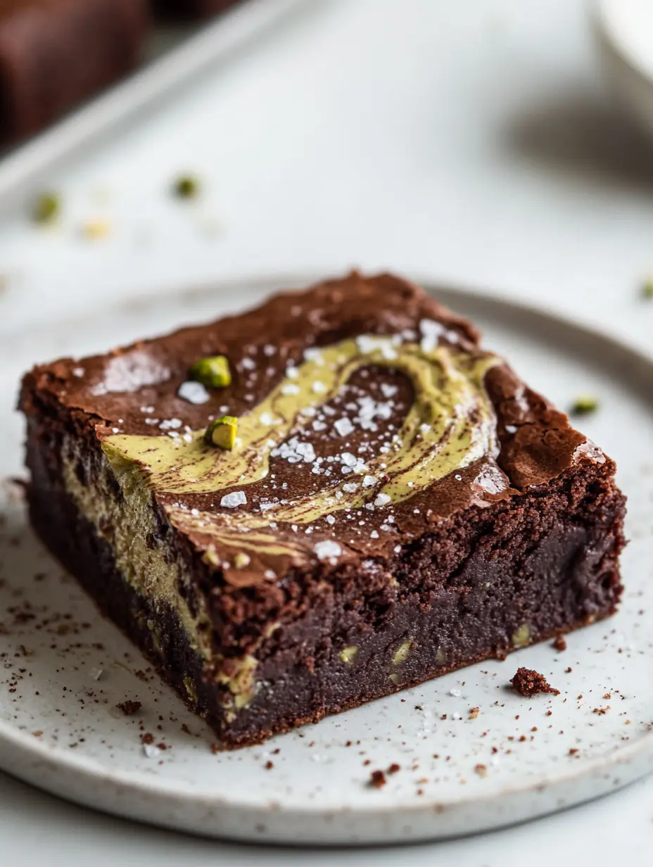 Fudgy Brownies with Pistachio Butter Swirl and Pink Salt Fudgy chocolate brownie swirled with pistachio butter and sprinkled with flaky pink salt on top