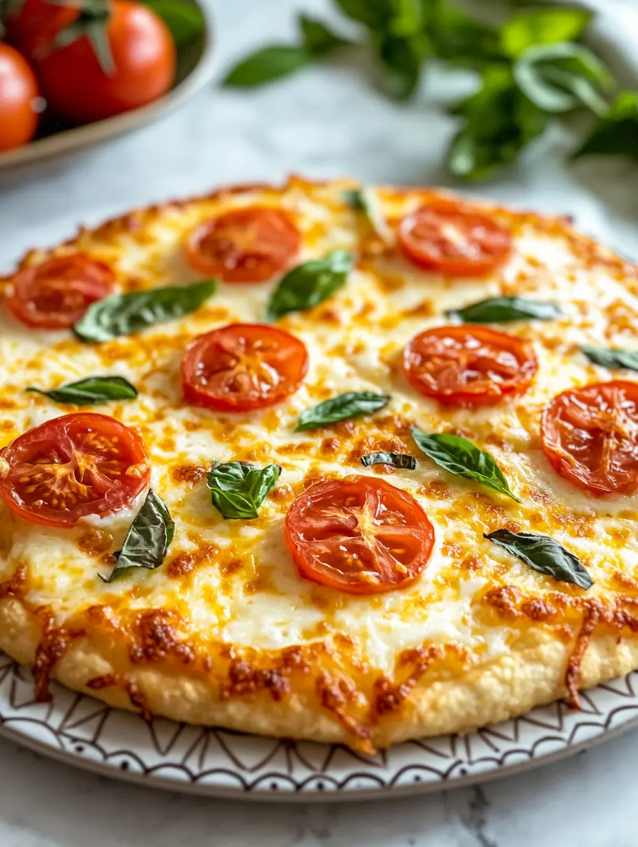 Keto Cheese Pizza with Tomato Slices and Basil Cheesy keto pizza with tomatoes and basil on a golden crust