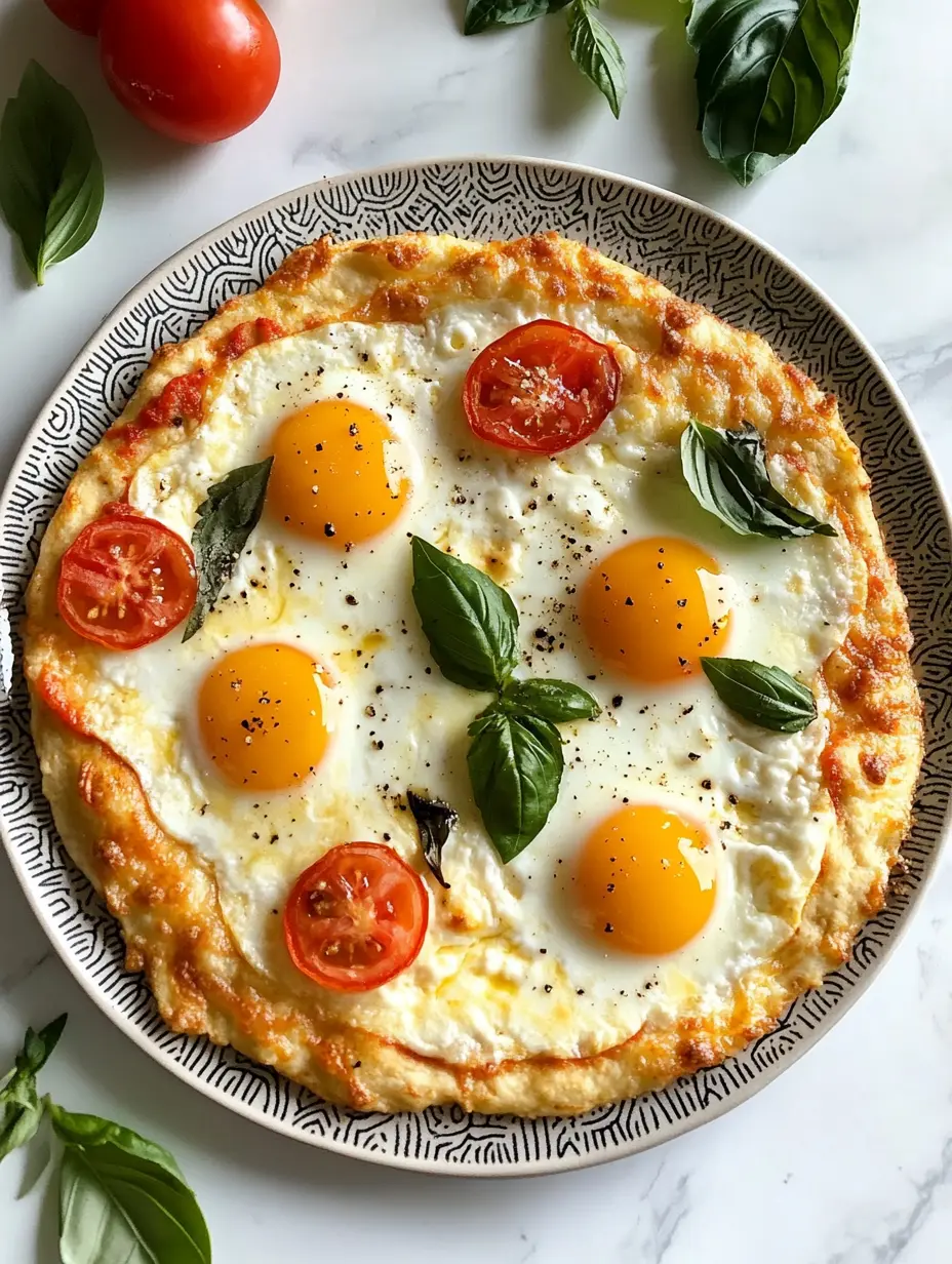 Keto egg pizza crust topped with eggs, tomatoes, and basil