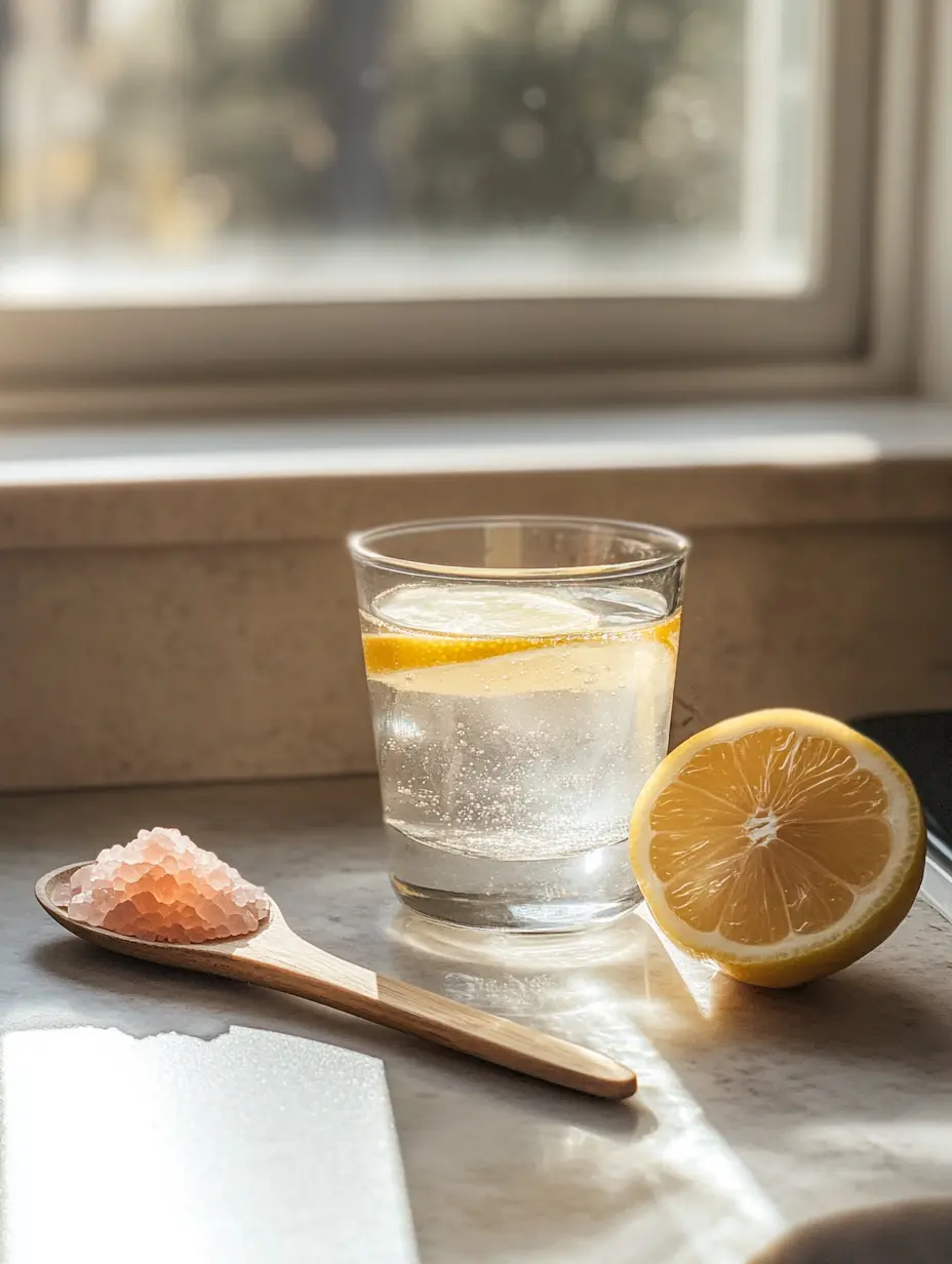 Lemon Water and Pink Salt Morning Boost Morning detox water with lemon and pink Himalayan salt on a sunlit kitchen counter.
