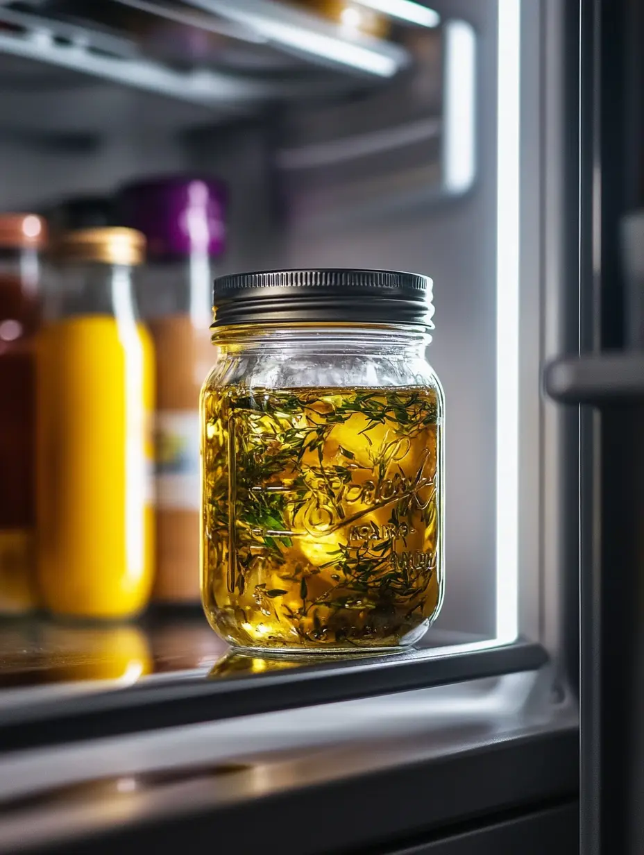 Lemon vinaigrette with fresh herbs chilling in the fridge ar of lemon herb vinaigrette stored in the refrigerator