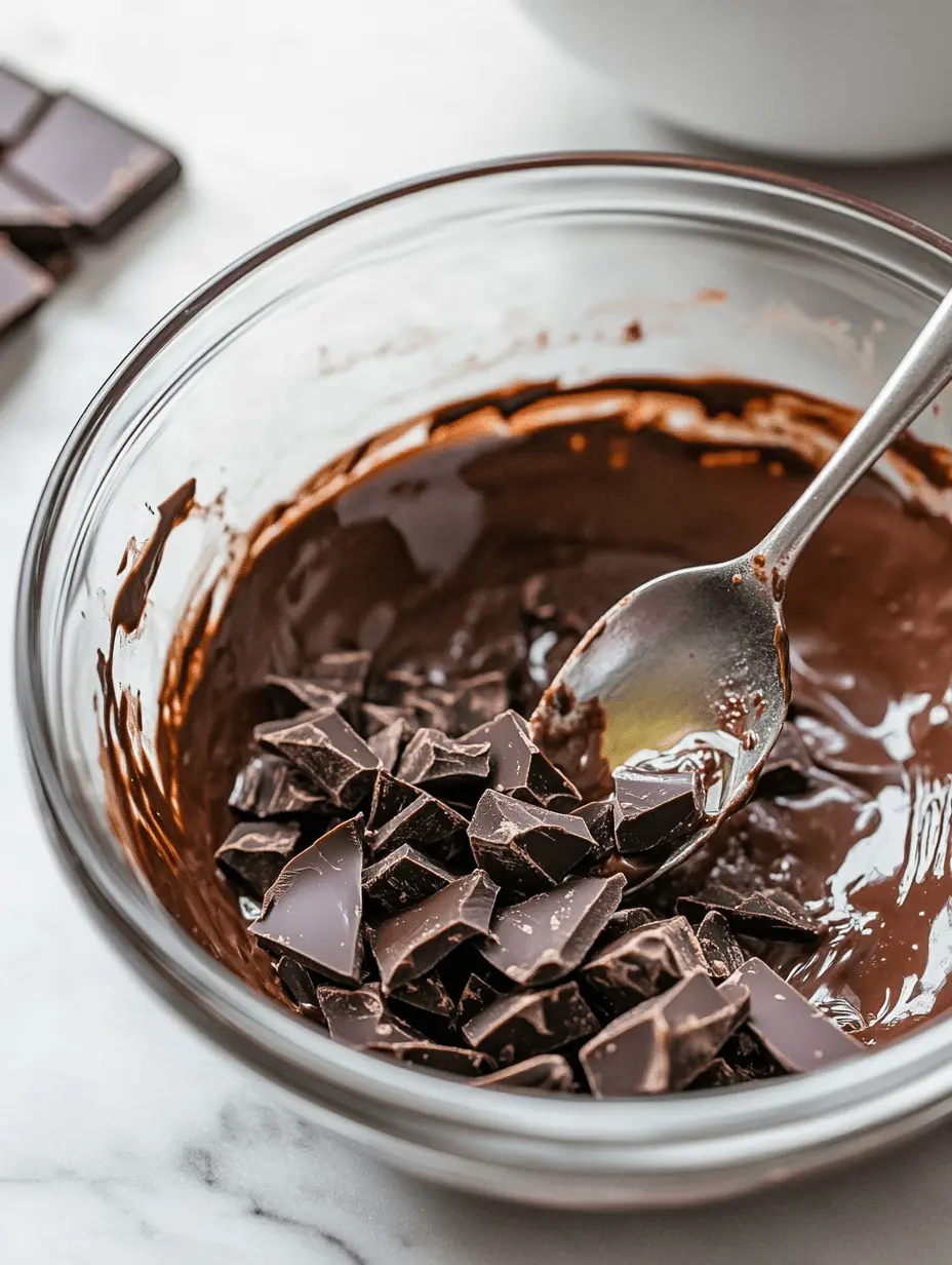 Melting Dark Chocolate for Dessert Layer Dark chocolate chunks melting in a glass bowl