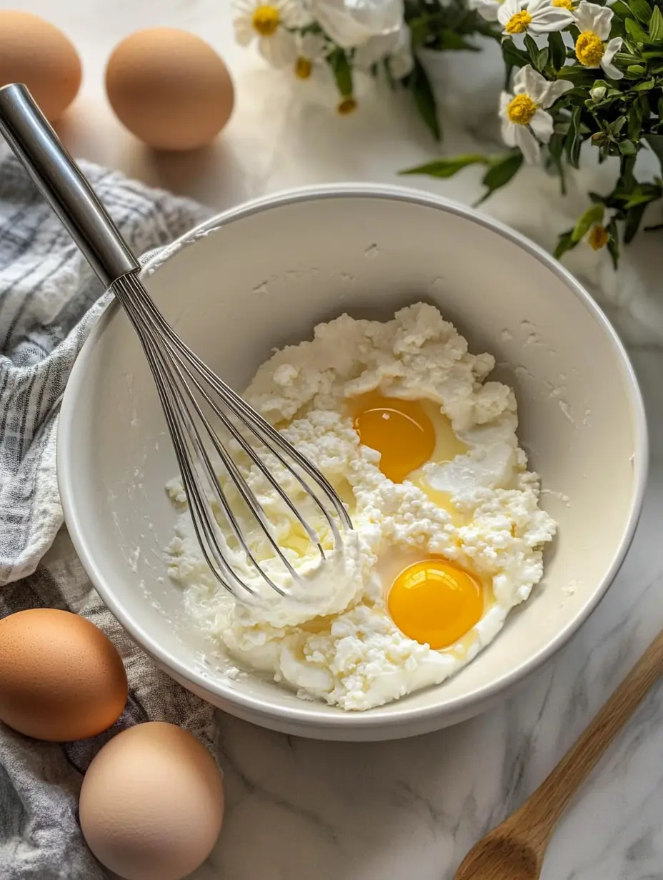 Mixing Eggs and Cottage Cheese Whisking eggs and cottage cheese into a creamy base