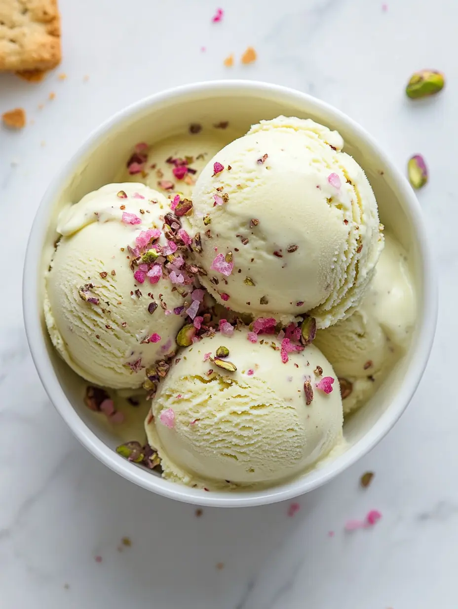 Pistachio Butter Drizzle on Vanilla Ice Cream with Pink Salt Scoops of vanilla ice cream topped with crushed pistachios and pink salt in a white bowl