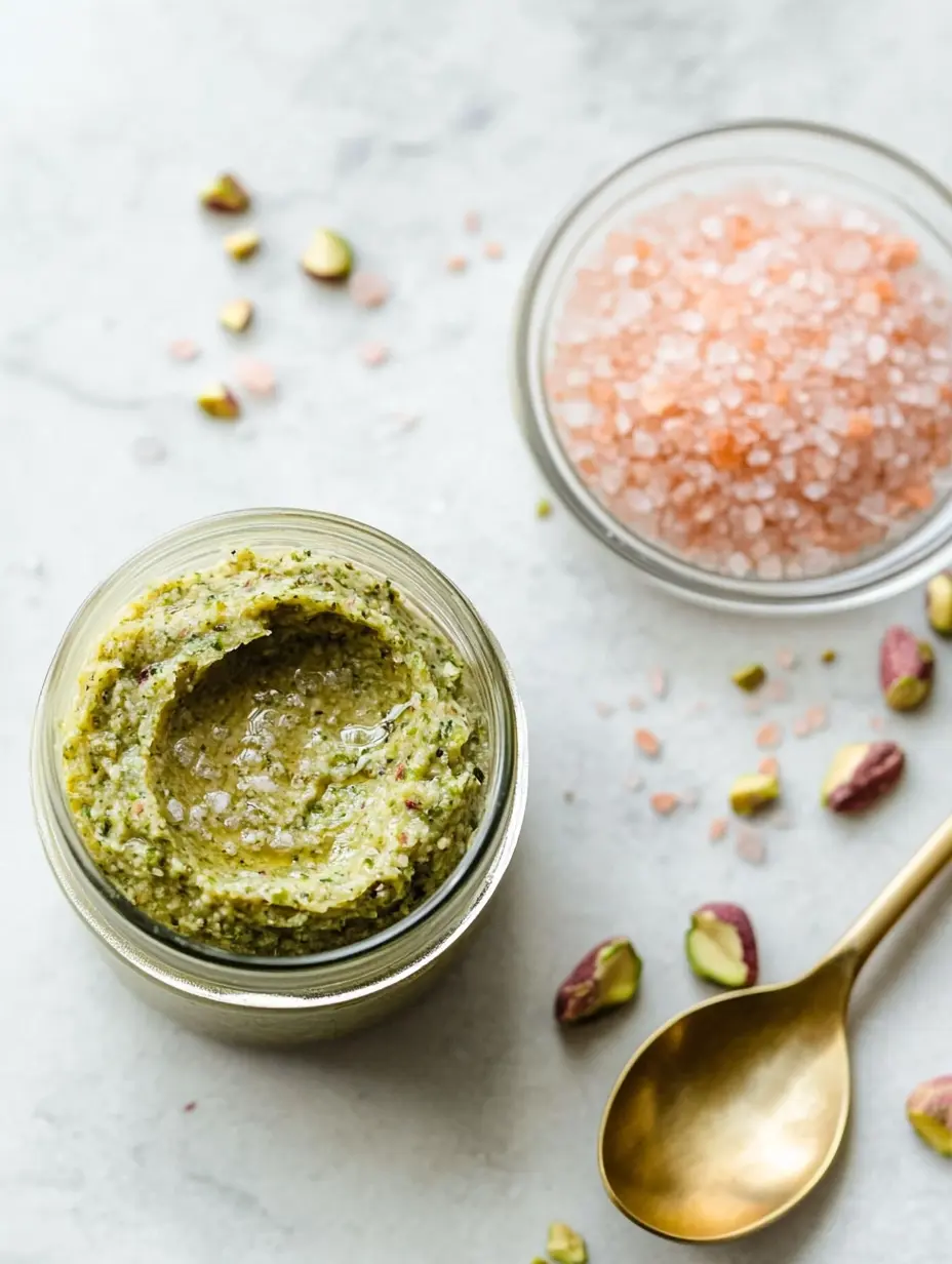 Homemade pistachio butter topped with Himalayan pink salt in a glass jar, with scattered pistachios and a gold spoon on marble