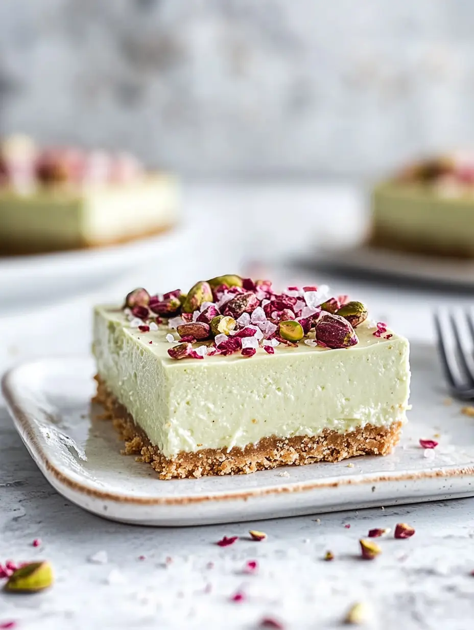 Pistachio Cheesecake Bars with Pink Salt Crust No-bake pistachio cheesecake bar topped with crushed pistachios and pink salt flakes on a ceramic plate