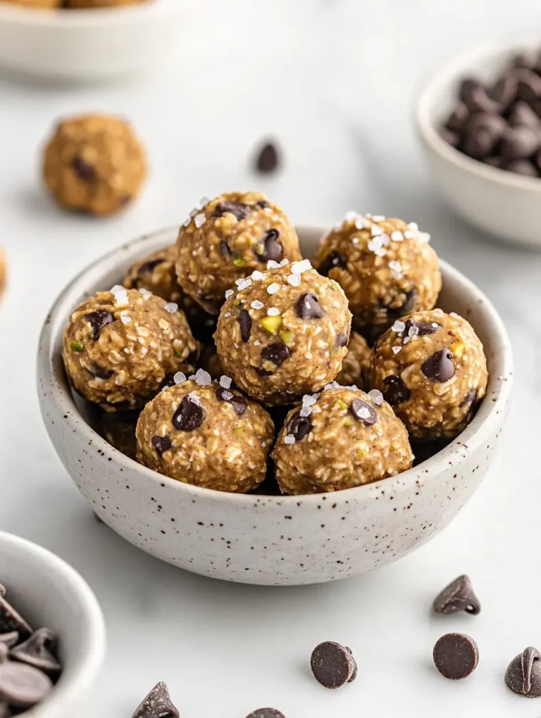 Oat and pistachio energy bites with chocolate chips and flaky pink salt in a ceramic bowl