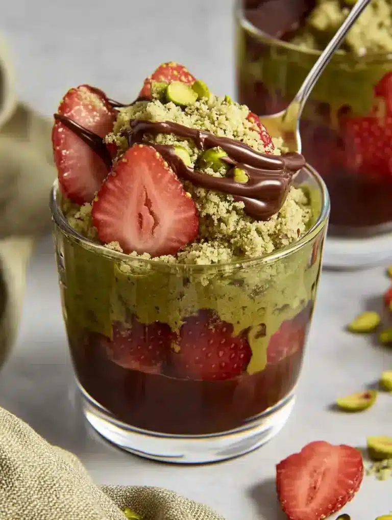 Strawberry pistachio dessert cup topped with chocolate and nuts