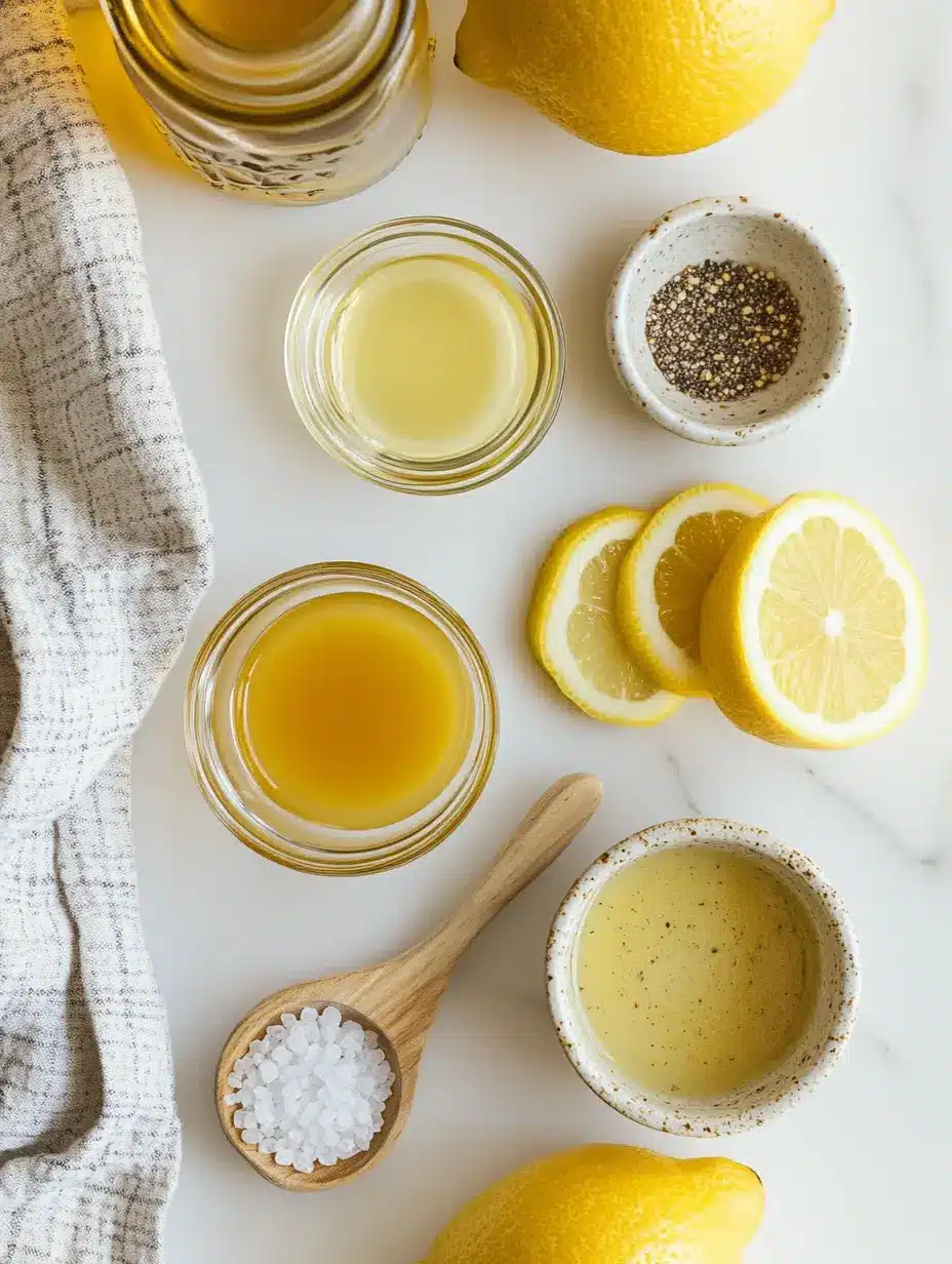 Simple lemon vinaigrette ingredients flat lay Ingredients for homemade lemon vinaigrette on white marble