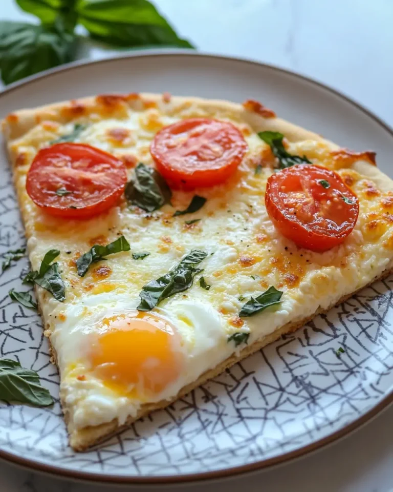 Slice of keto egg crust pizza with tomato, basil, and runny yolk