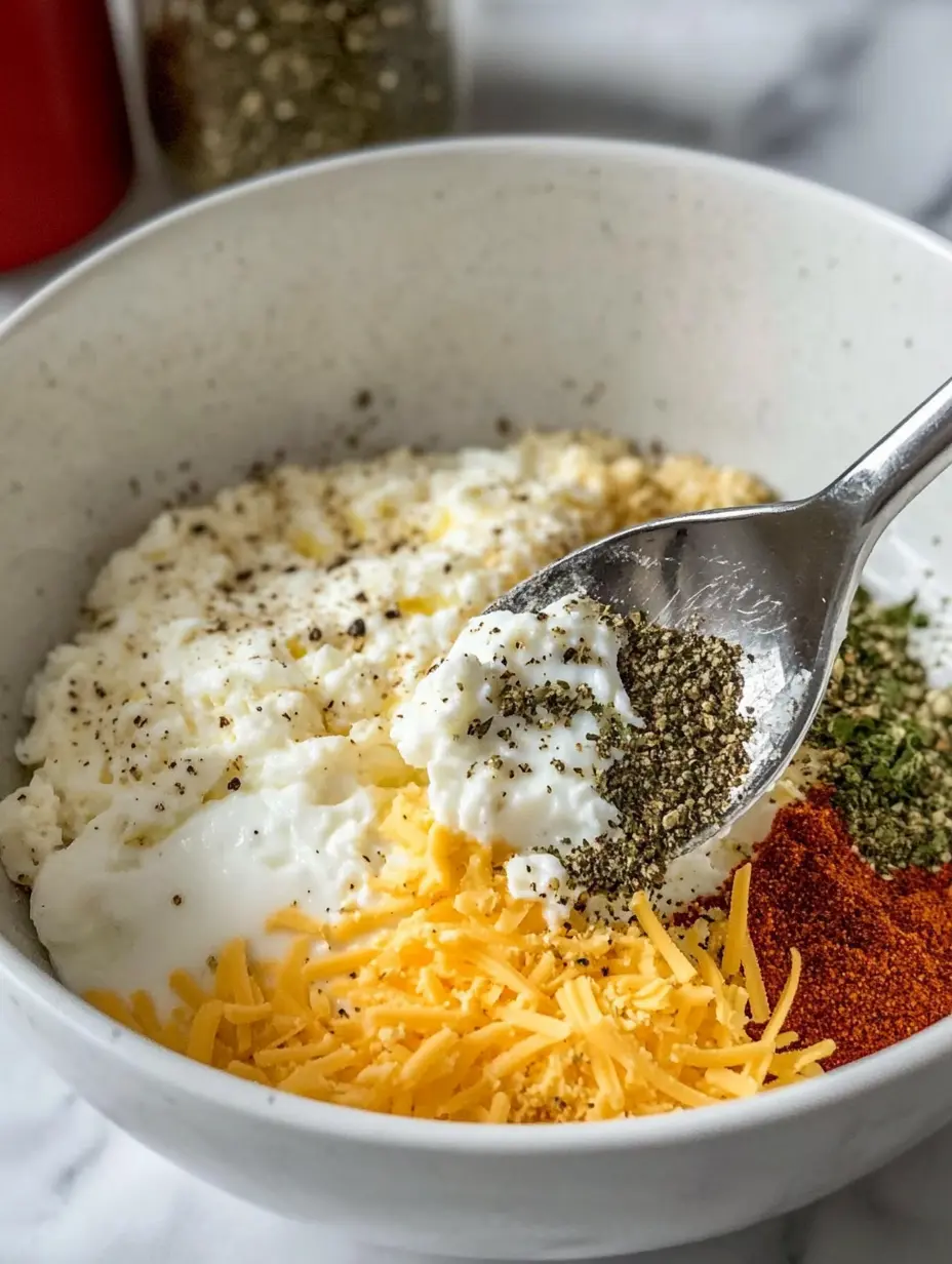 Stirring shredded cheese and seasonings into egg mixture Stirring shredded cheese and seasonings into egg mixture