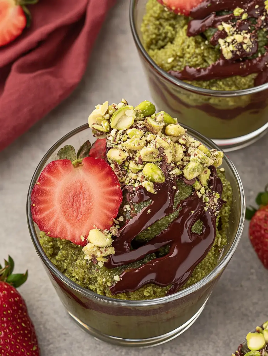 Strawberry Pistachio Cup Topped with Chocolate Close-up of dessert cup topped with crushed pistachios and strawberry