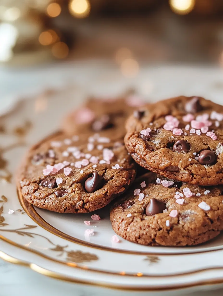 Sweet and Salty Cookies with Pink Salt Chocolate chip cookies topped with pink Himalayan salt on a decorative plate.