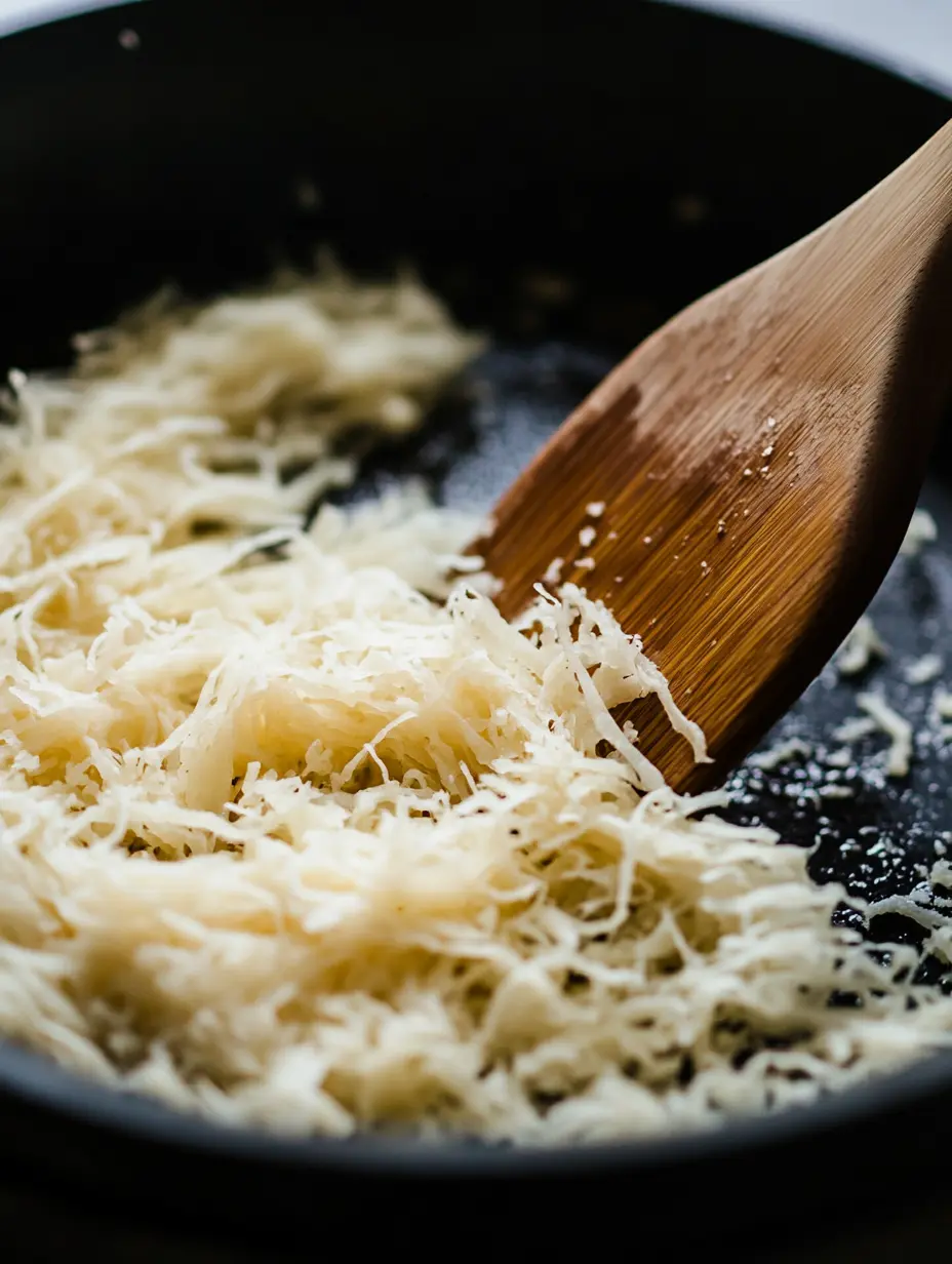 Toasting Kataifi for Dessert Base Toasting kataifi shredded dough in a skillet with a wooden spoon