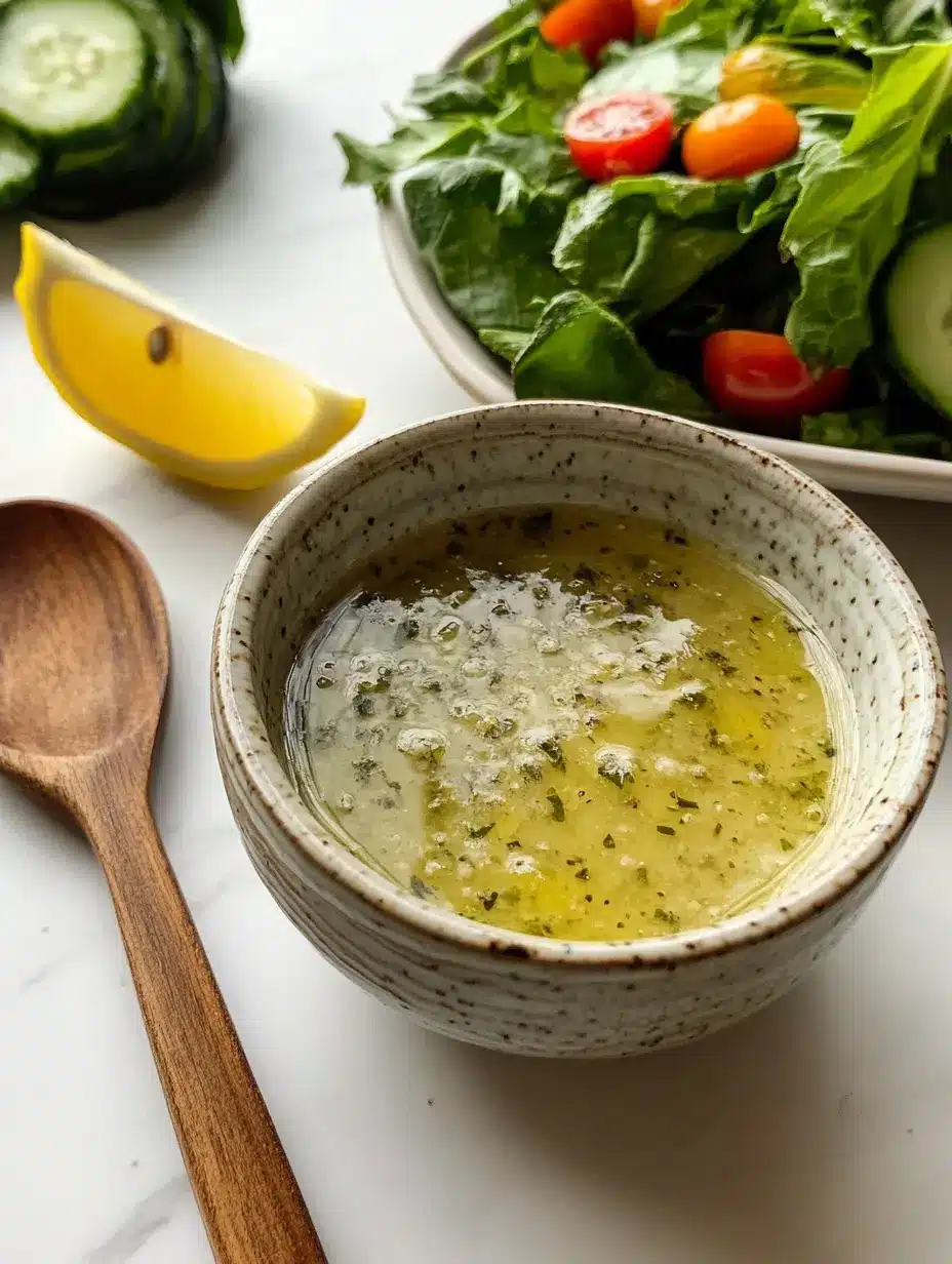 Zesty lemon vinaigrette ready to serve with fresh greens Lemon vinaigrette served in a ceramic bowl next to fresh salad