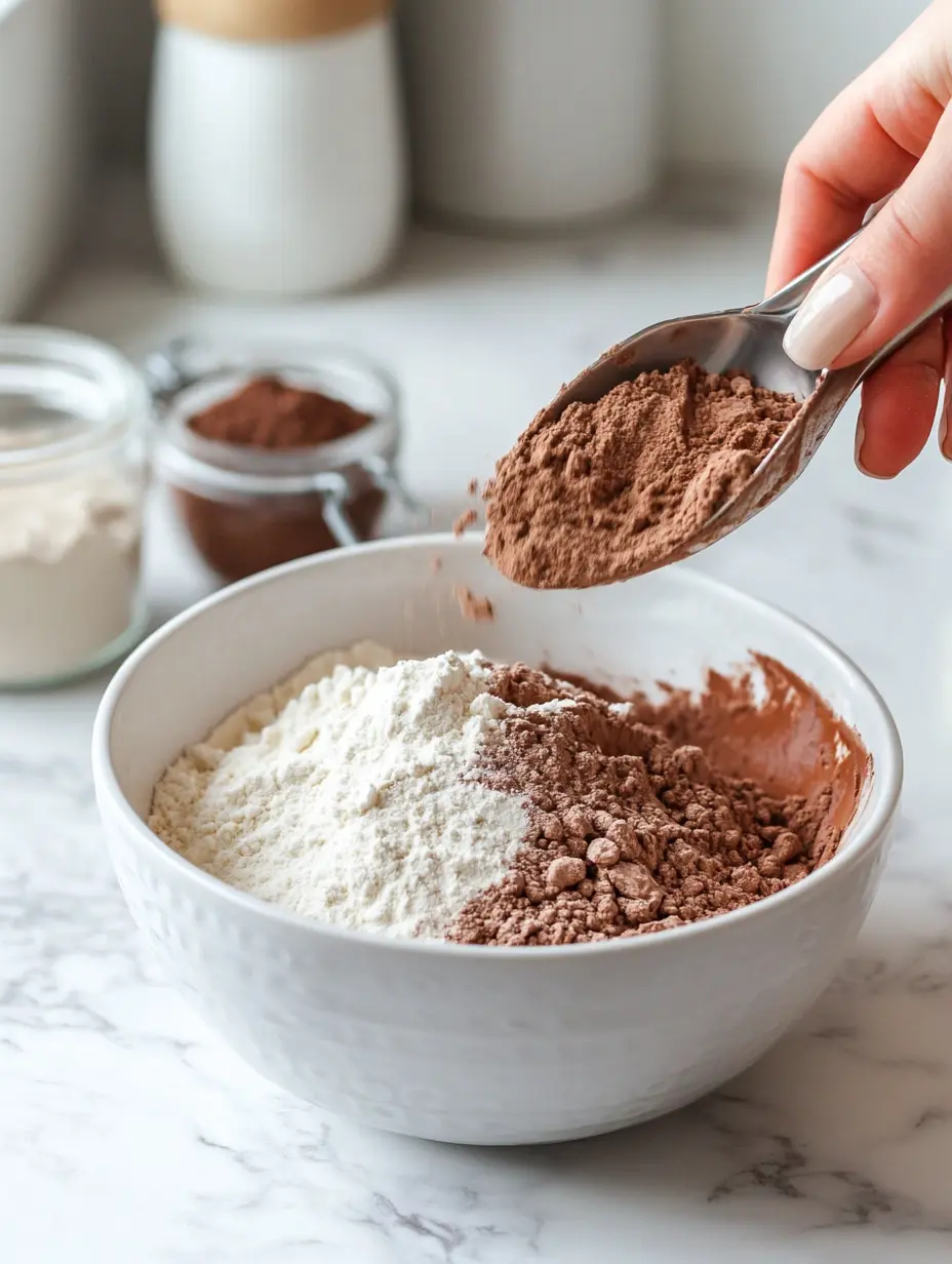 adding-cocoa-almond-flour-keto Adding cocoa powder to a mixing bowl with almond flour and dry ingredients for keto brownies.